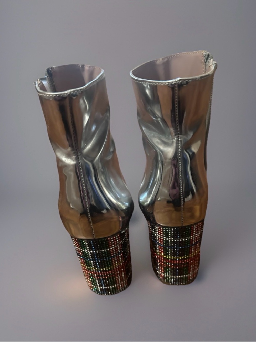 Betsey Johnson Silver Kassie Ankle Boots Stacked Sparkle Heel Zip Up Sz 9 - Picture 3 of 7